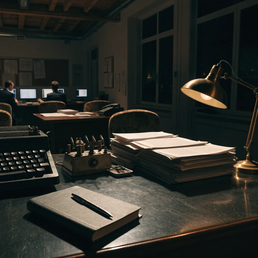 Redaktionstisch am Abend mit Zetteln, Telefon und Lampe auf der Redaktion in Düsseldorf