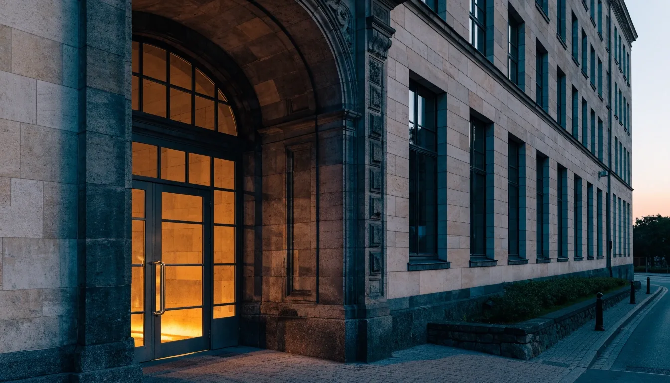Telefon und Schreibtischlampe auf einem dunklen Redaktionstisch in Düsseldorf