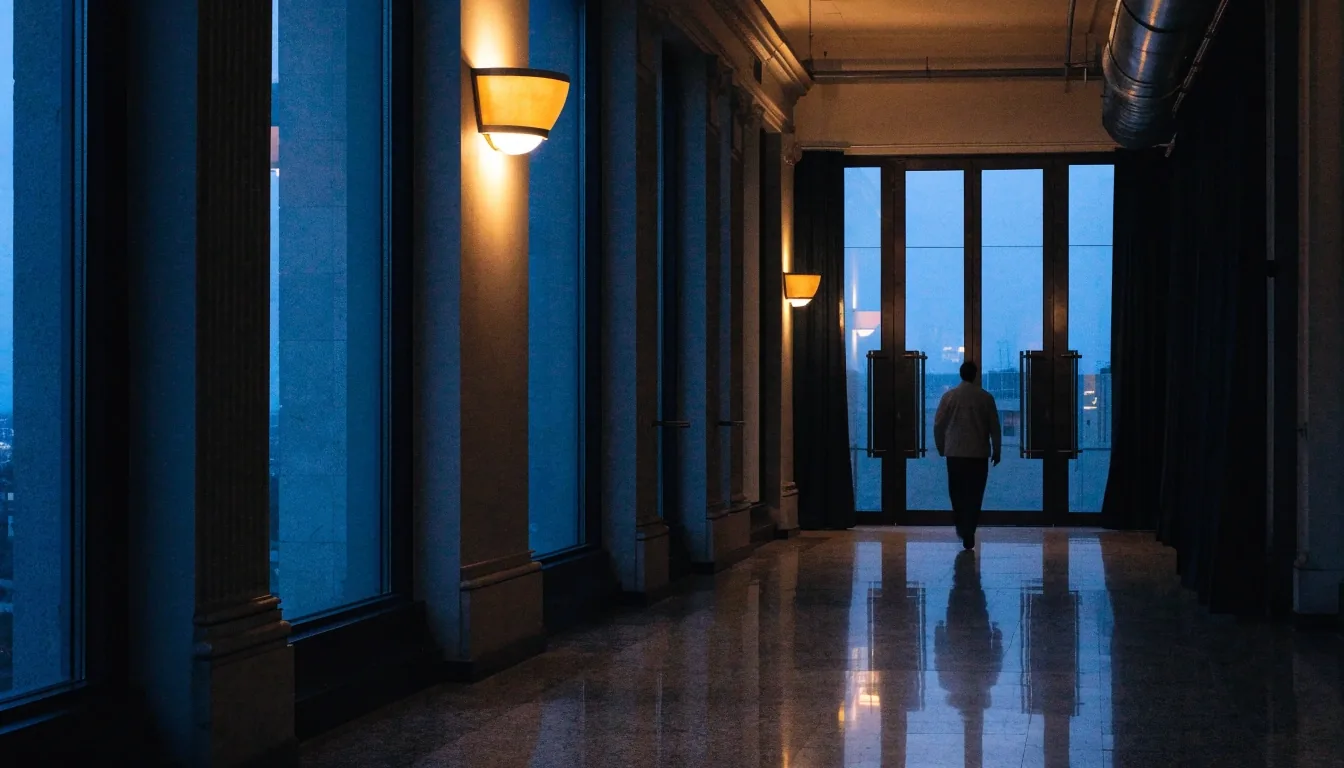 Treppenhaus eines Berliner Ministeriums am Abend, eine einzelne Person geht die Treppe hinauf