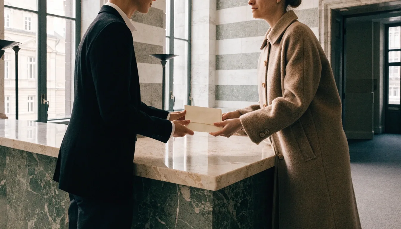 Treppenhaus eines Berliner Ministeriums in der Abenddämmerung mit einer einzelnen Person im dunklen Mantel auf der Treppe