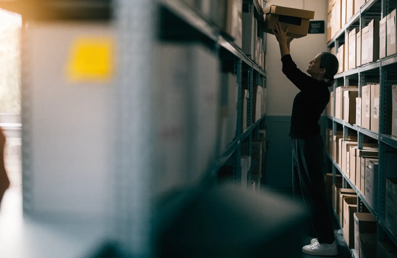 Nahaufnahme eines Schreibtisches mit einem Stift und einem Manuskript auf liniertem Papier, die Linien unscharf, eine Hand richtet eine Büroklammer